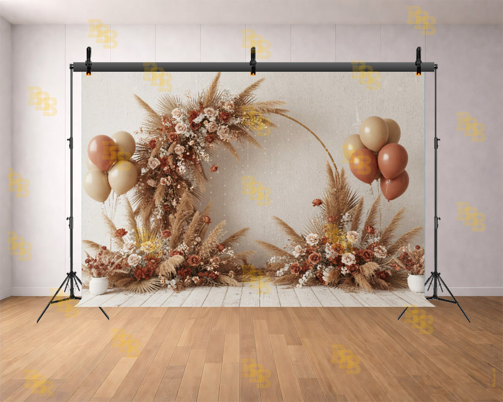 OHO FLORAL RING WEDDING STAGE PAMPAS GRASS NEUTRAL THEME BACKDROP FOR WEDDING, PRE WEDDING & MATERNITY PHOTOGRAPHY