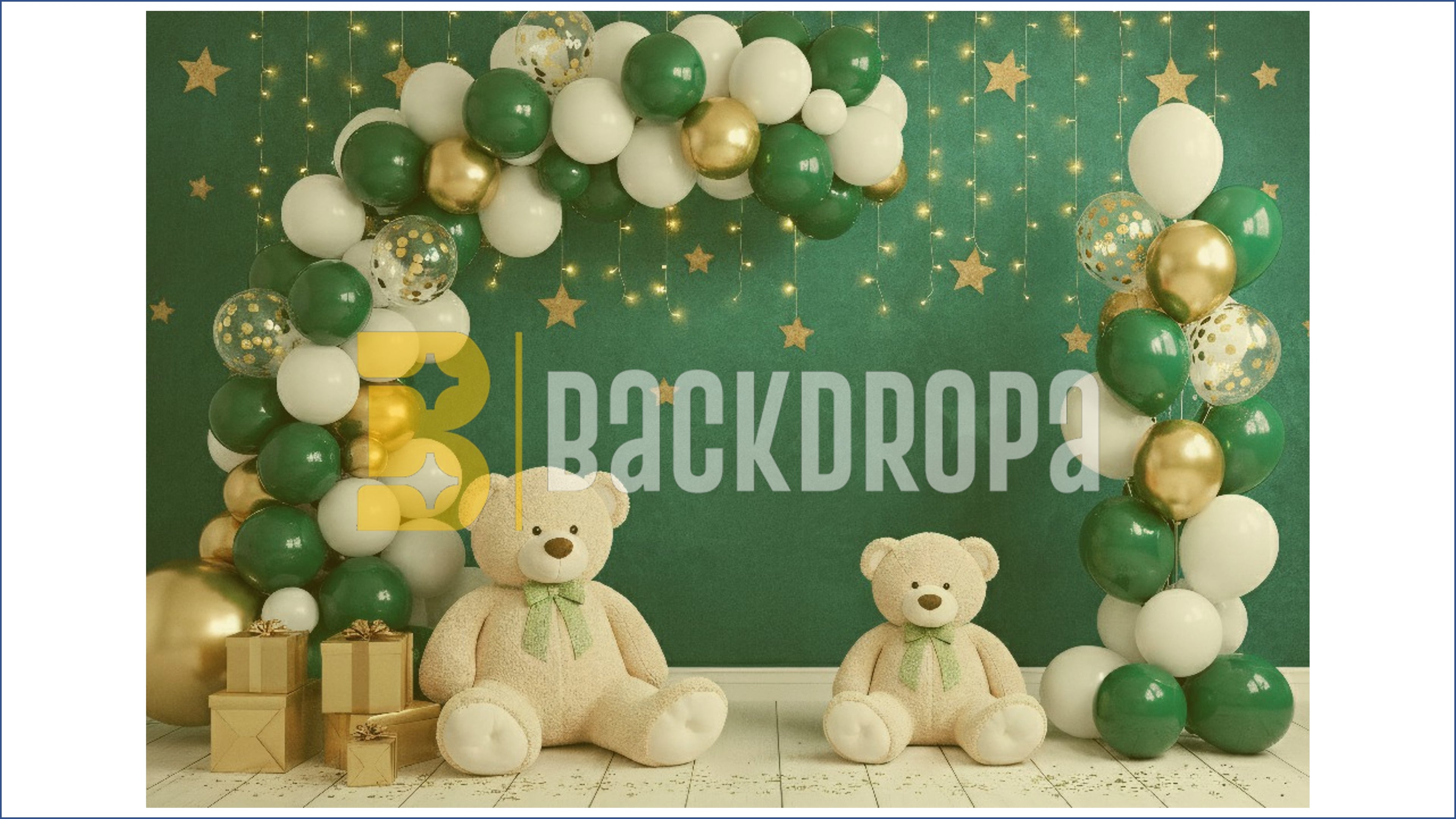 GREEN BALLOON ARCH TEDDY BEAR BABY BIRTHDAY THEME BACKDROP FOR BABY, KIDS & CAKE SMASH PHOTOGRAPHY