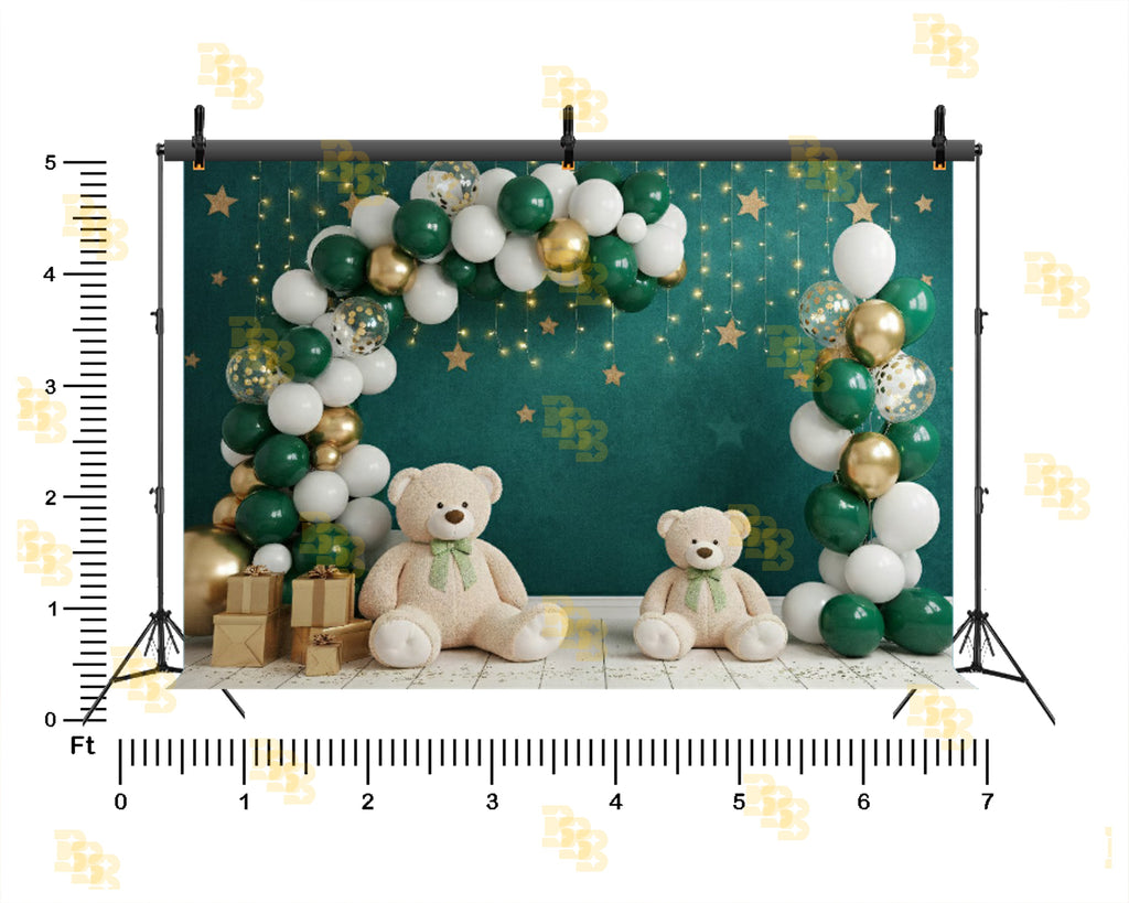 GREEN BALLOON ARCH TEDDY BEAR BABY BIRTHDAY THEME BACKDROP FOR BABY, KIDS & CAKE SMASH PHOTOGRAPHY