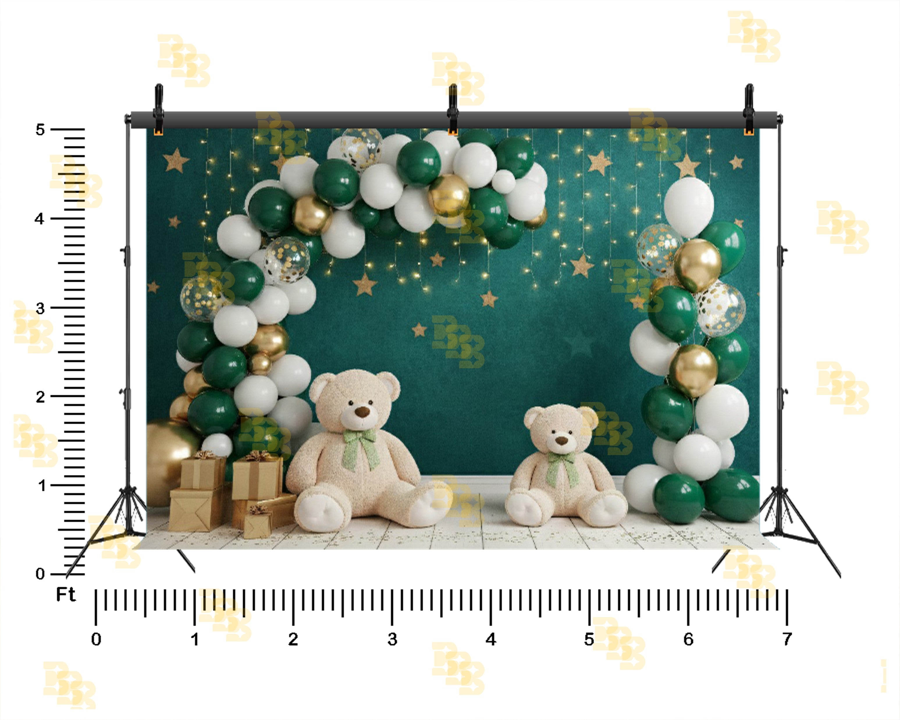 GREEN BALLOON ARCH TEDDY BEAR BABY BIRTHDAY THEME BACKDROP FOR BABY, KIDS & CAKE SMASH PHOTOGRAPHY