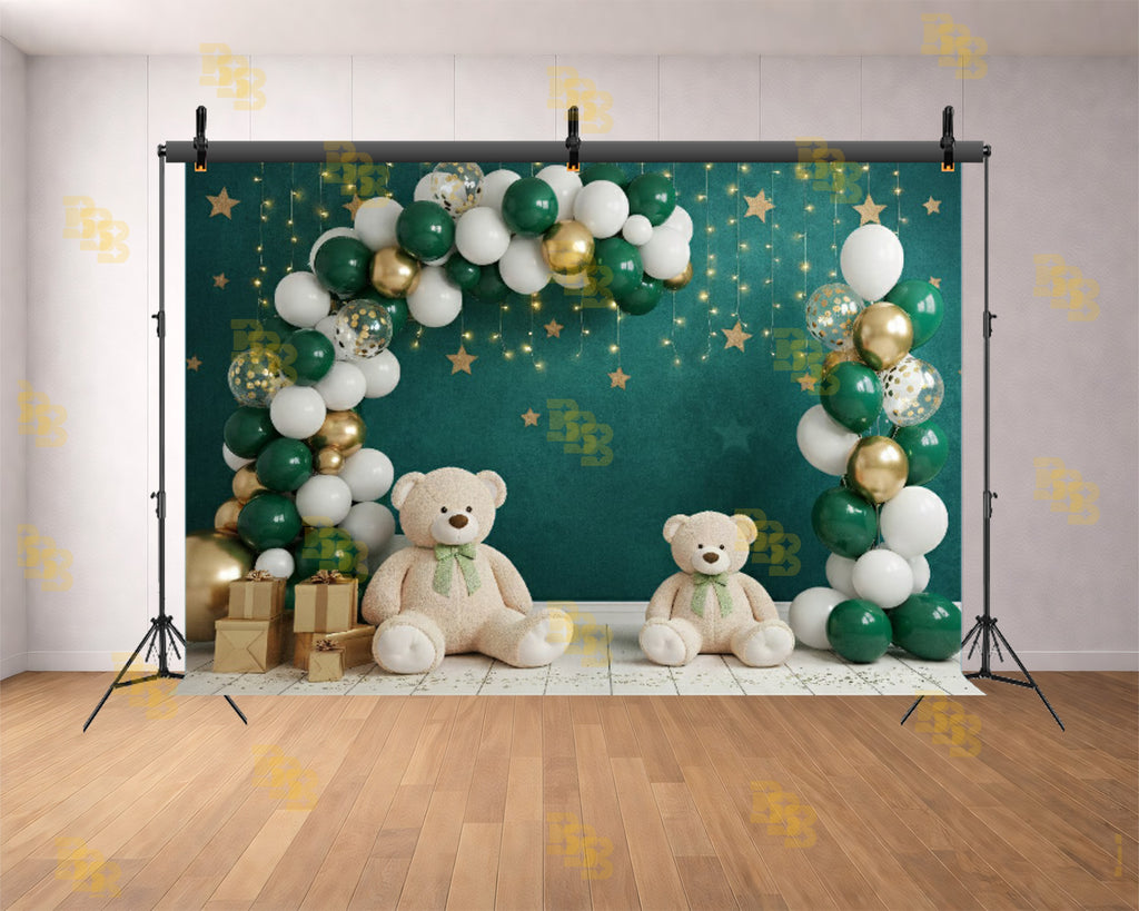GREEN BALLOON ARCH TEDDY BEAR BABY BIRTHDAY THEME BACKDROP FOR BABY, KIDS & CAKE SMASH PHOTOGRAPHY