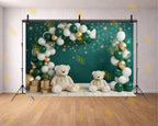 GREEN BALLOON ARCH TEDDY BEAR BABY BIRTHDAY THEME BACKDROP FOR BABY, KIDS & CAKE SMASH PHOTOGRAPHY