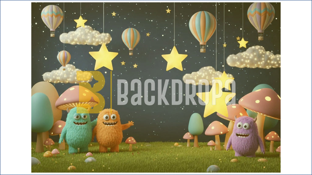 FANTASY NIGHT SKY CARTOON MONSTERS KIDS BIRTHDAY THEME BACKDROP FOR KIDS, BABY & CREATIVE PHOTOGRAPHY