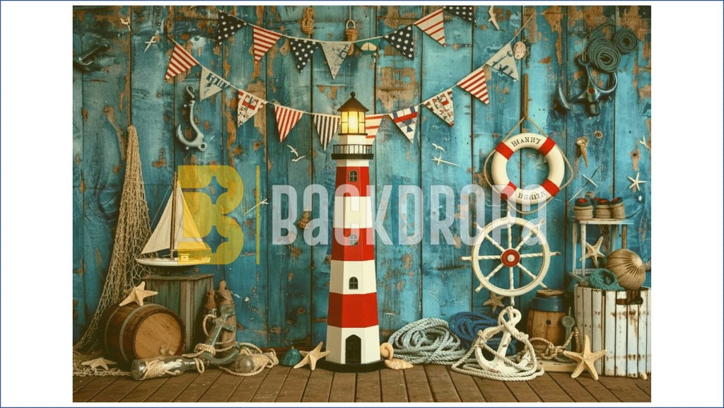 NAUTICAL LIGHTHOUSE COASTAL RUSTIC WOOD SAILOR THEME BACKDROP FOR KIDS, BABY & BIRTHDAY PHOTOGRAPHY