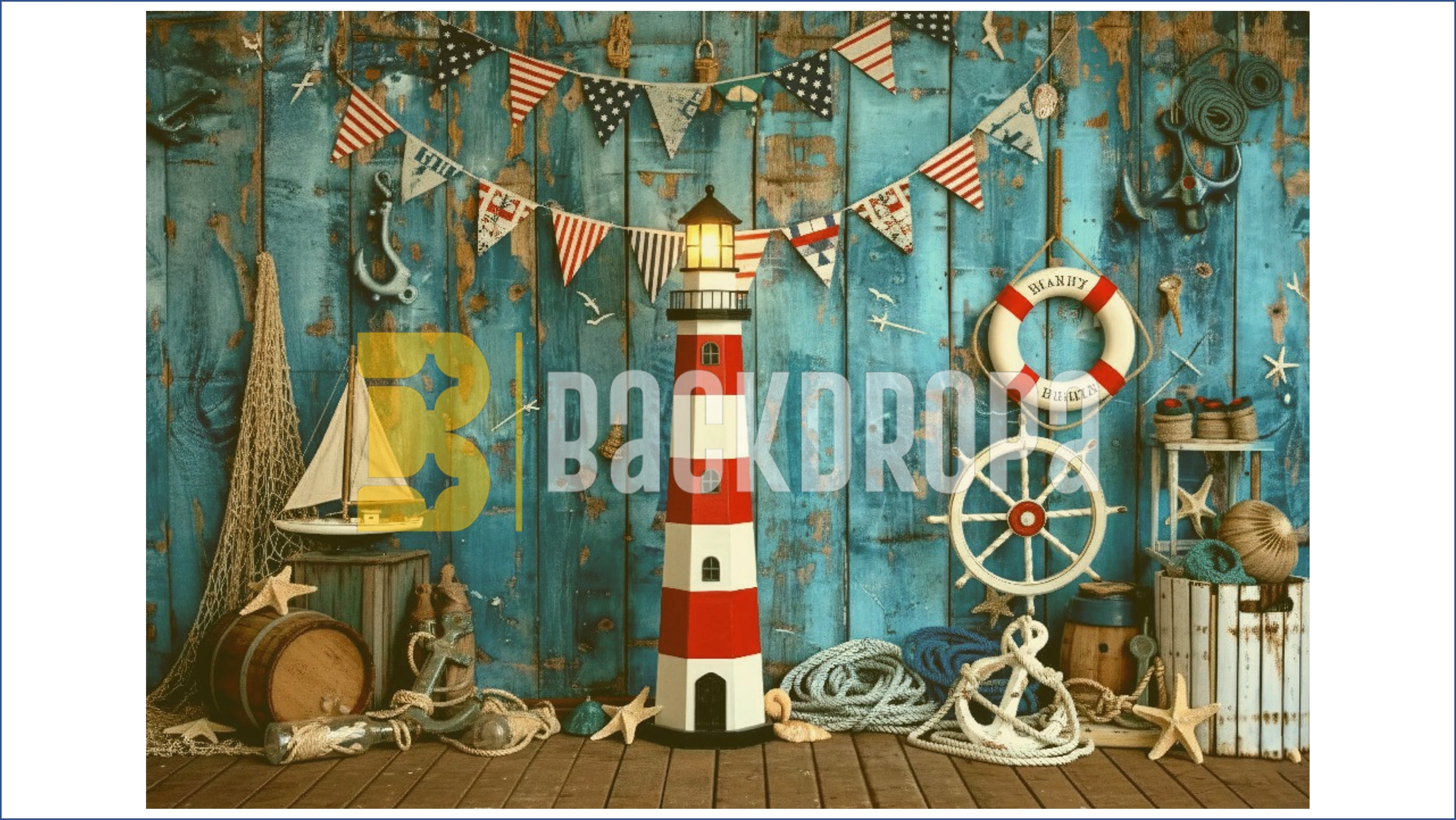 NAUTICAL LIGHTHOUSE COASTAL RUSTIC WOOD SAILOR THEME BACKDROP FOR KIDS, BABY & BIRTHDAY PHOTOGRAPHY