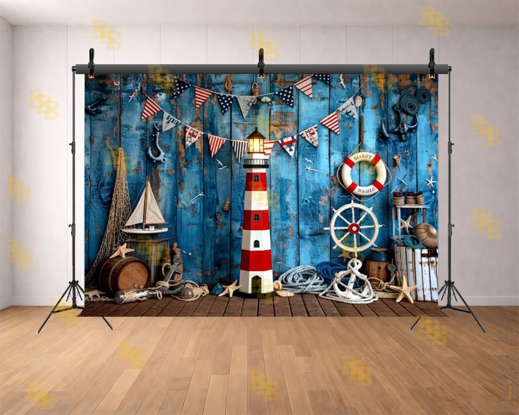 NAUTICAL LIGHTHOUSE COASTAL RUSTIC WOOD SAILOR THEME BACKDROP FOR KIDS, BABY & BIRTHDAY PHOTOGRAPHY