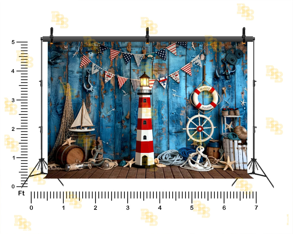 NAUTICAL LIGHTHOUSE COASTAL RUSTIC WOOD SAILOR THEME BACKDROP FOR KIDS, BABY & BIRTHDAY PHOTOGRAPHY