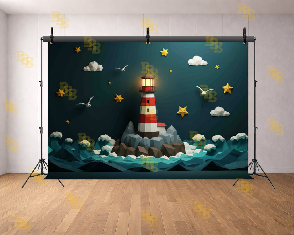 CREATIVE PAPER ART LIGHTHOUSE OCEAN WAVES NIGHT SKY THEME BACKDROP FOR KIDS, BABY & CREATIVE PHOTOGRAPHY