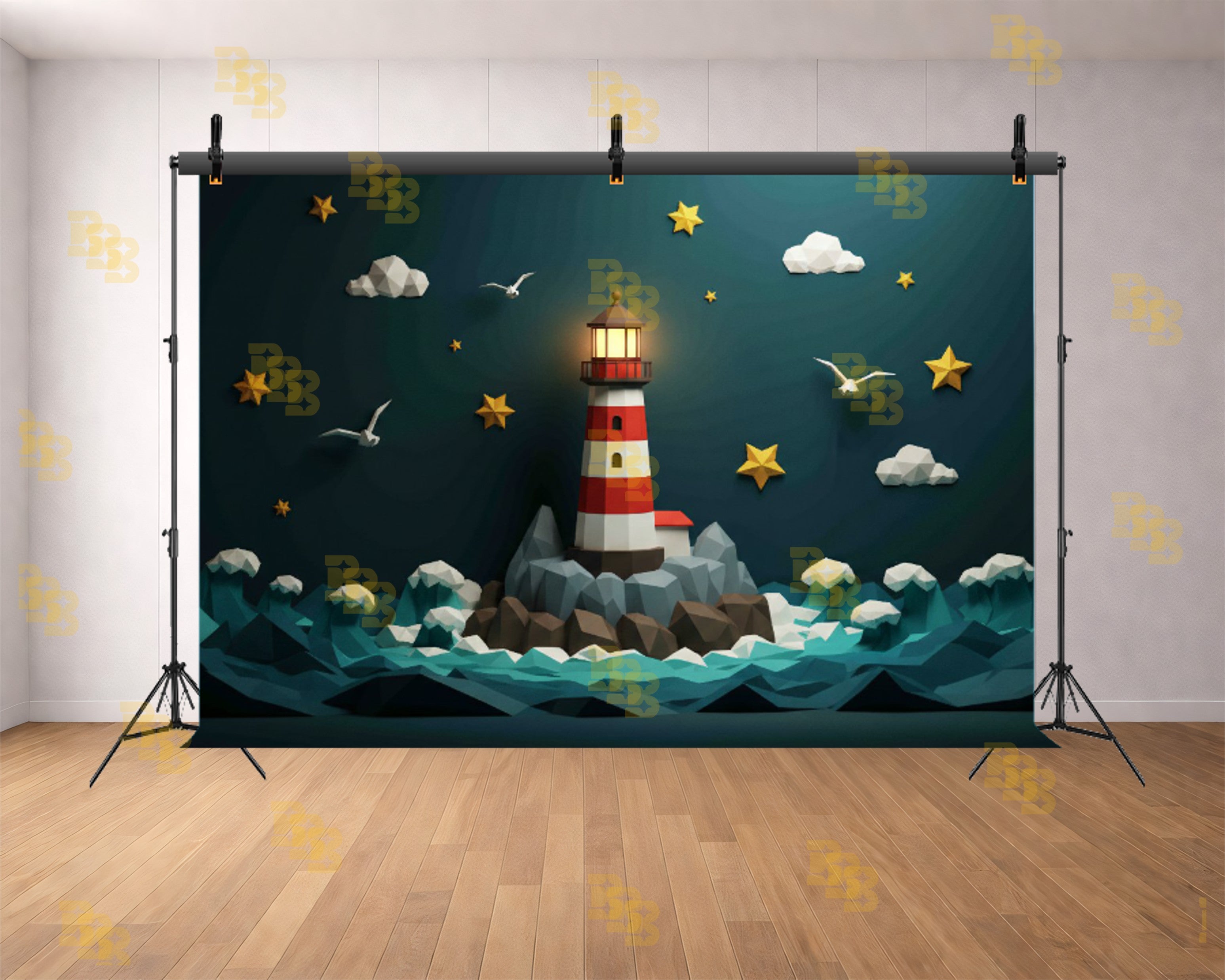 CREATIVE PAPER ART LIGHTHOUSE OCEAN WAVES NIGHT SKY THEME BACKDROP FOR KIDS, BABY & CREATIVE PHOTOGRAPHY