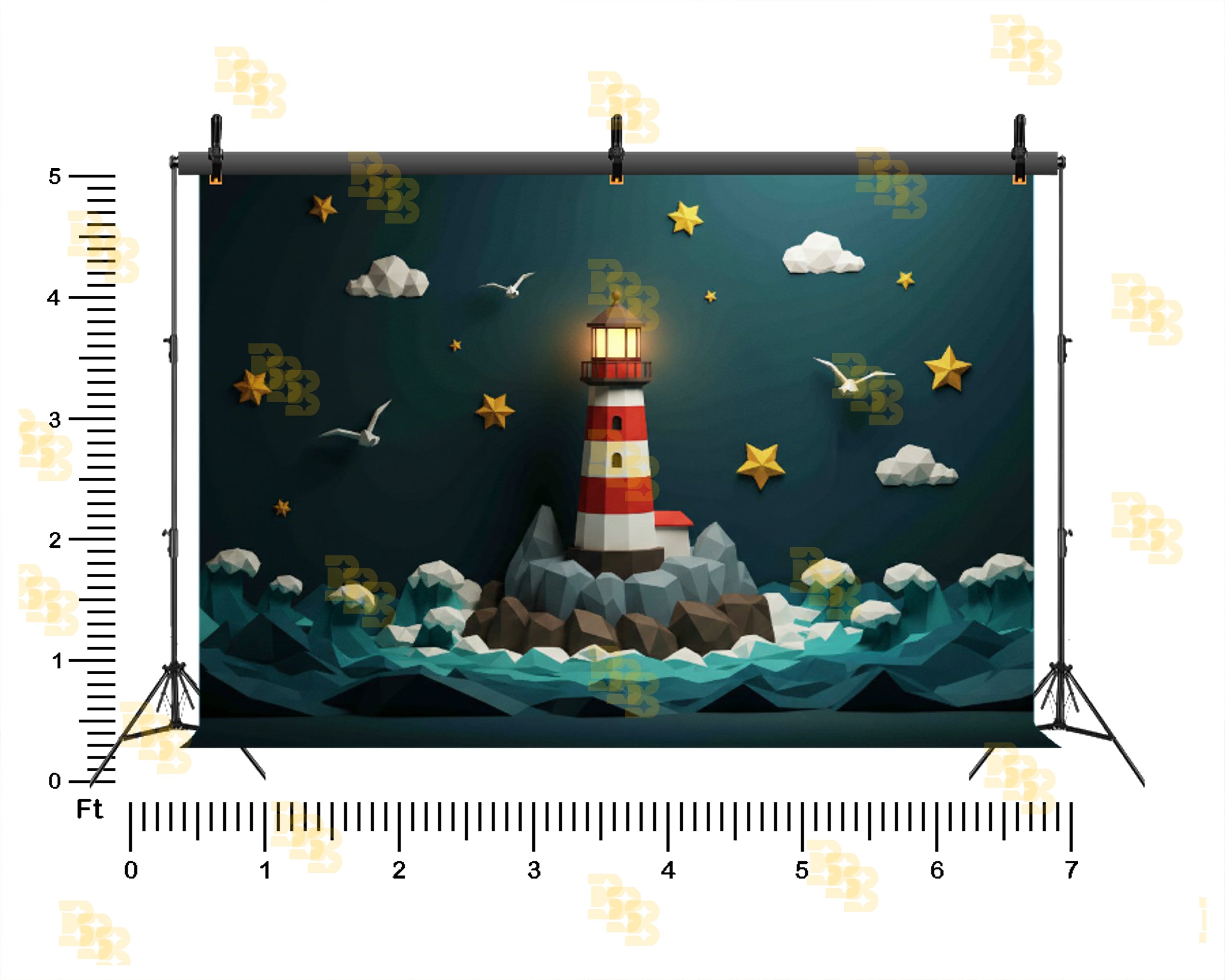 CREATIVE PAPER ART LIGHTHOUSE OCEAN WAVES NIGHT SKY THEME BACKDROP FOR KIDS, BABY & CREATIVE PHOTOGRAPHY