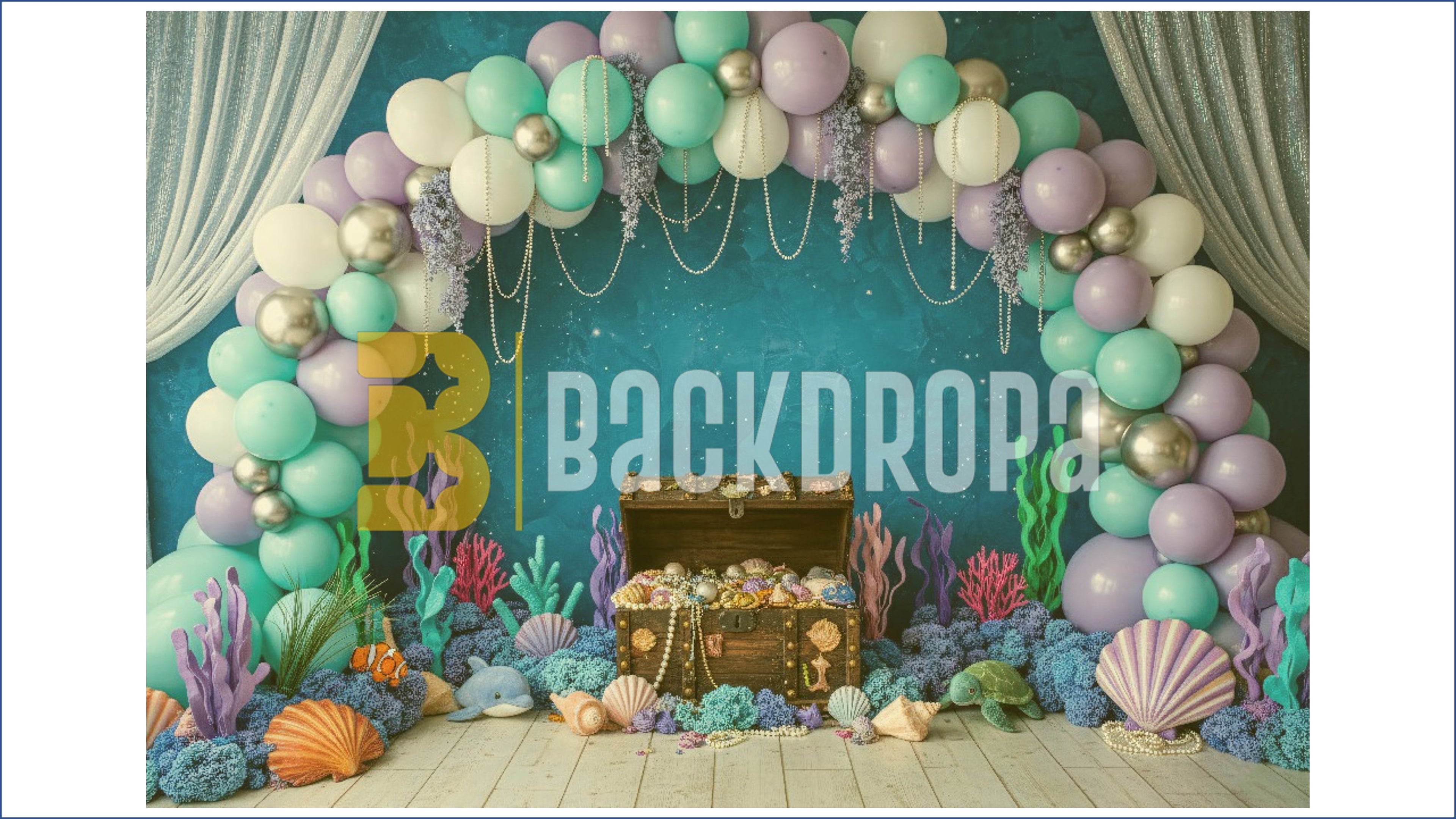 UNDERWATER MERMAID TREASURE THEME BALLOON ARCH OCEAN SETUP BACKDROP FOR BABY, KIDS & BIRTHDAY PHOTOGRAPHY