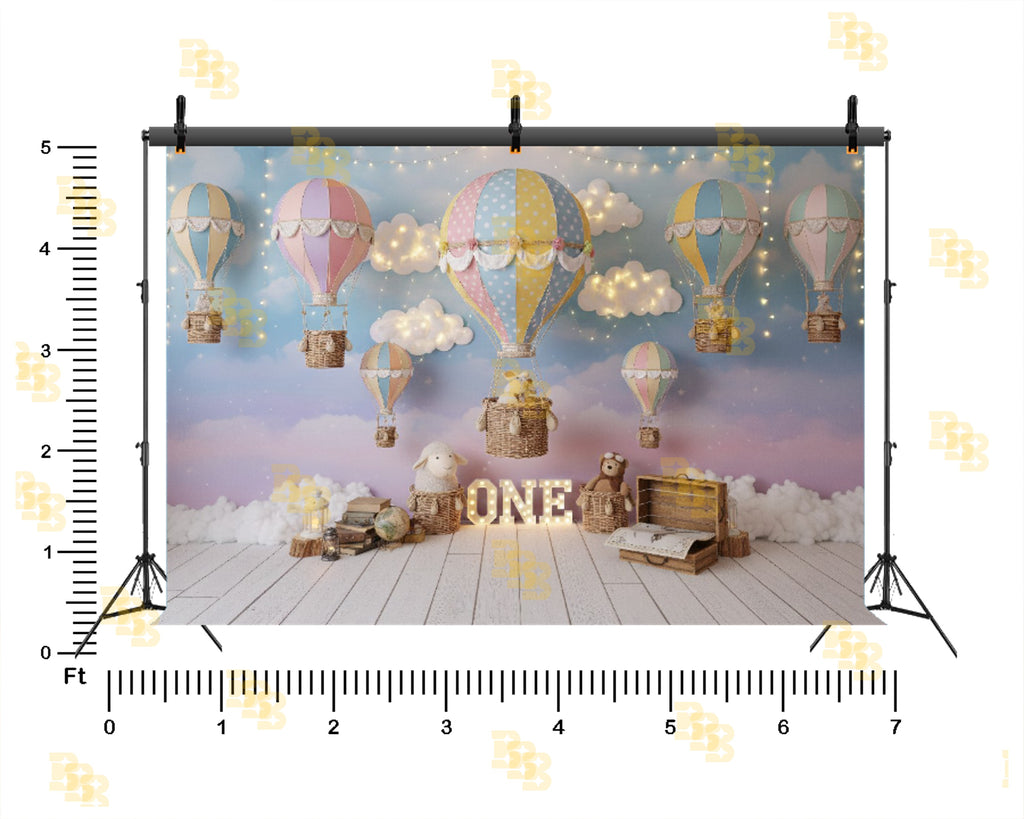 PASTEL HOT AIR BALLOON BABY FIRST BIRTHDAY DREAMY SKY THEME BACKDROP FOR BABY, KIDS & CAKE SMASH PHOTOGRAPHY