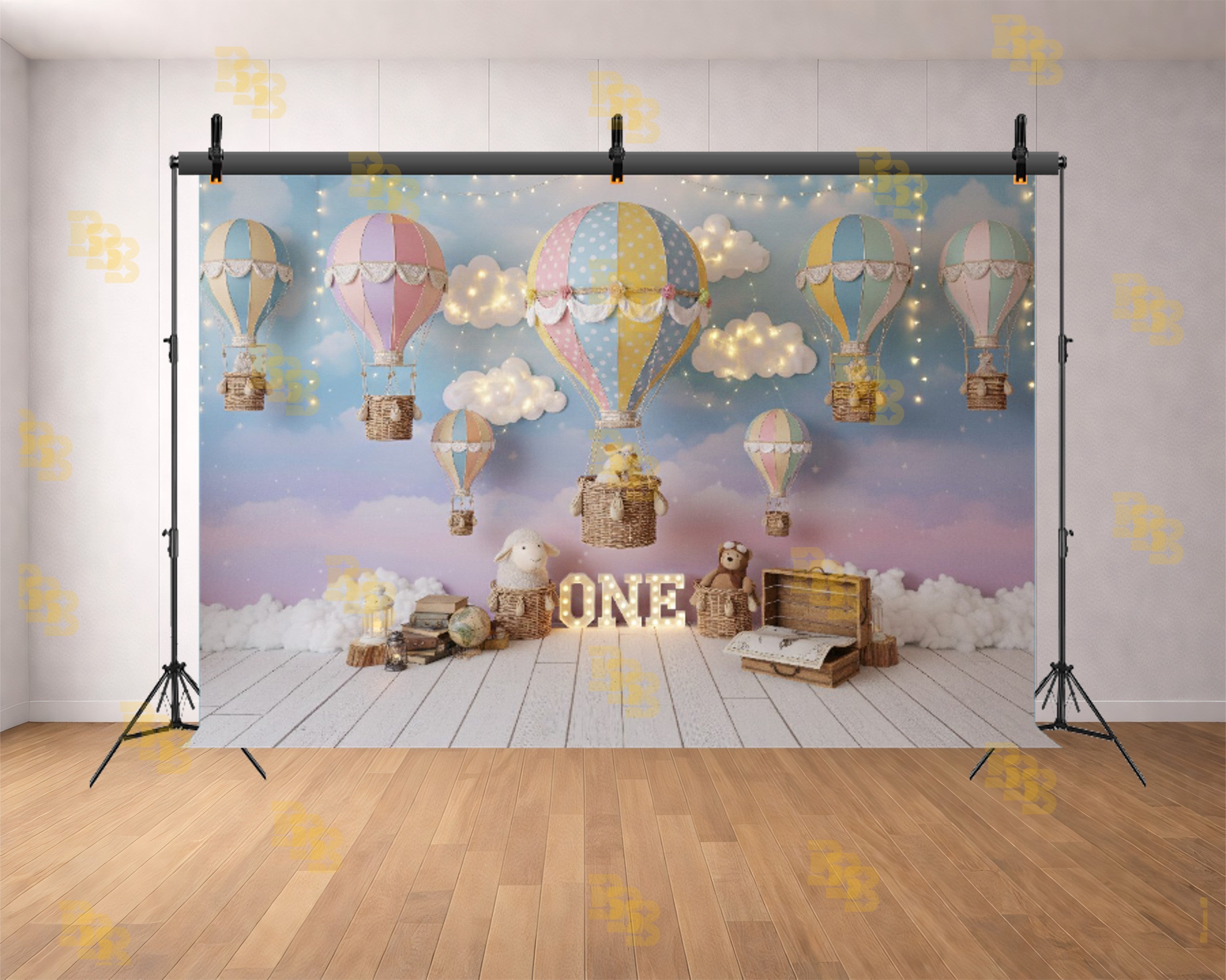 PASTEL HOT AIR BALLOON BABY FIRST BIRTHDAY DREAMY SKY THEME BACKDROP FOR BABY, KIDS & CAKE SMASH PHOTOGRAPHY