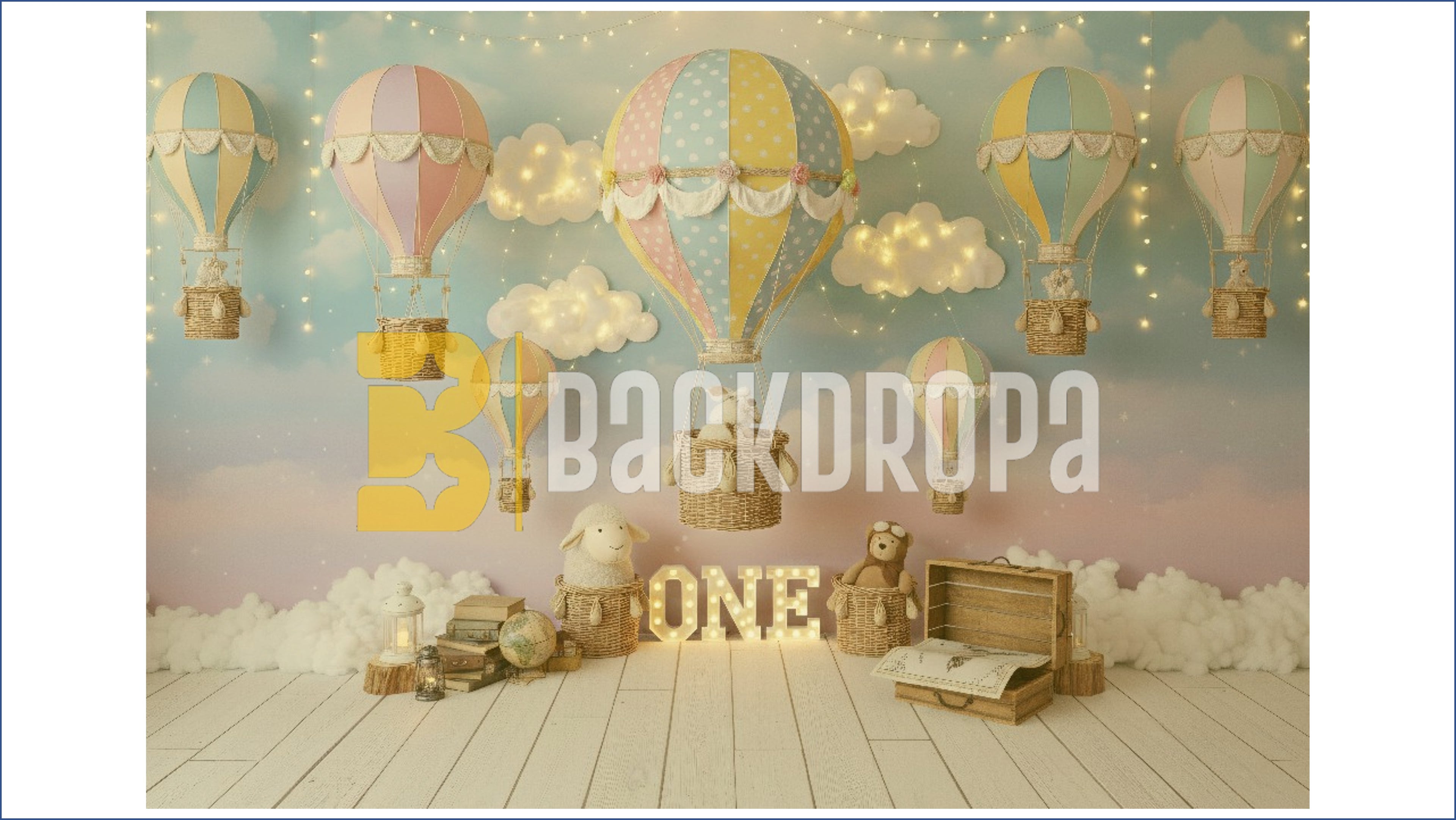 PASTEL HOT AIR BALLOON BABY FIRST BIRTHDAY DREAMY SKY THEME BACKDROP FOR BABY, KIDS & CAKE SMASH PHOTOGRAPHY