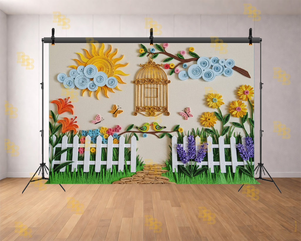 COLORFUL PAPER ART GARDEN FENCE BIRDS FLOWERS KIDS THEME BACKDROP FOR KIDS, BABY & CREATIVE PHOTOGRAPHY