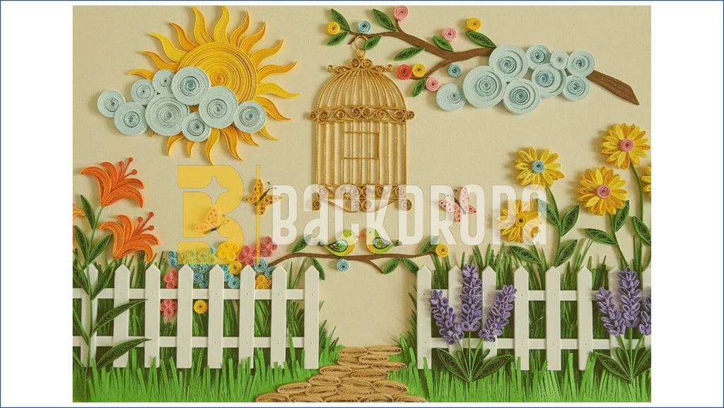 COLORFUL PAPER ART GARDEN FENCE BIRDS FLOWERS KIDS THEME BACKDROP FOR KIDS, BABY & CREATIVE PHOTOGRAPHY