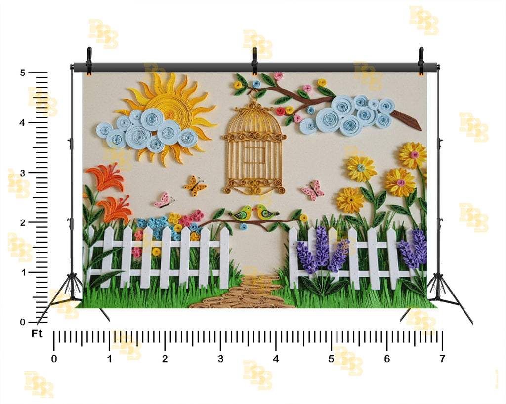 COLORFUL PAPER ART GARDEN FENCE BIRDS FLOWERS KIDS THEME BACKDROP FOR KIDS, BABY & CREATIVE PHOTOGRAPHY