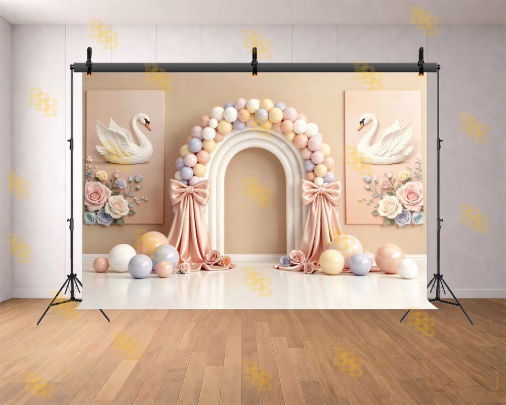 PASTEL SWAN PRINCESS BALLOON ARCH FLORAL ELEGANT BABY THEME BACKDROP FOR BABY, KIDS & BIRTHDAY PHOTOGRAPHY