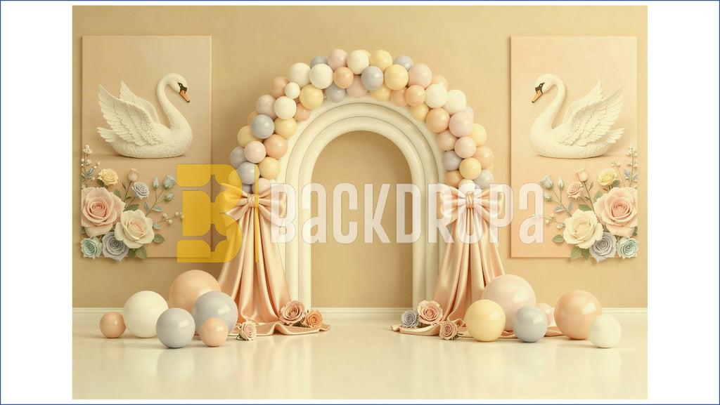 PASTEL SWAN PRINCESS BALLOON ARCH FLORAL ELEGANT BABY THEME BACKDROP FOR BABY, KIDS & BIRTHDAY PHOTOGRAPHY