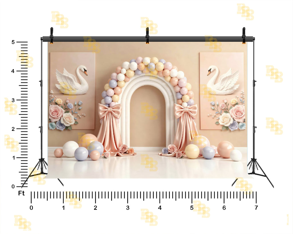 PASTEL SWAN PRINCESS BALLOON ARCH FLORAL ELEGANT BABY THEME BACKDROP FOR BABY, KIDS & BIRTHDAY PHOTOGRAPHY