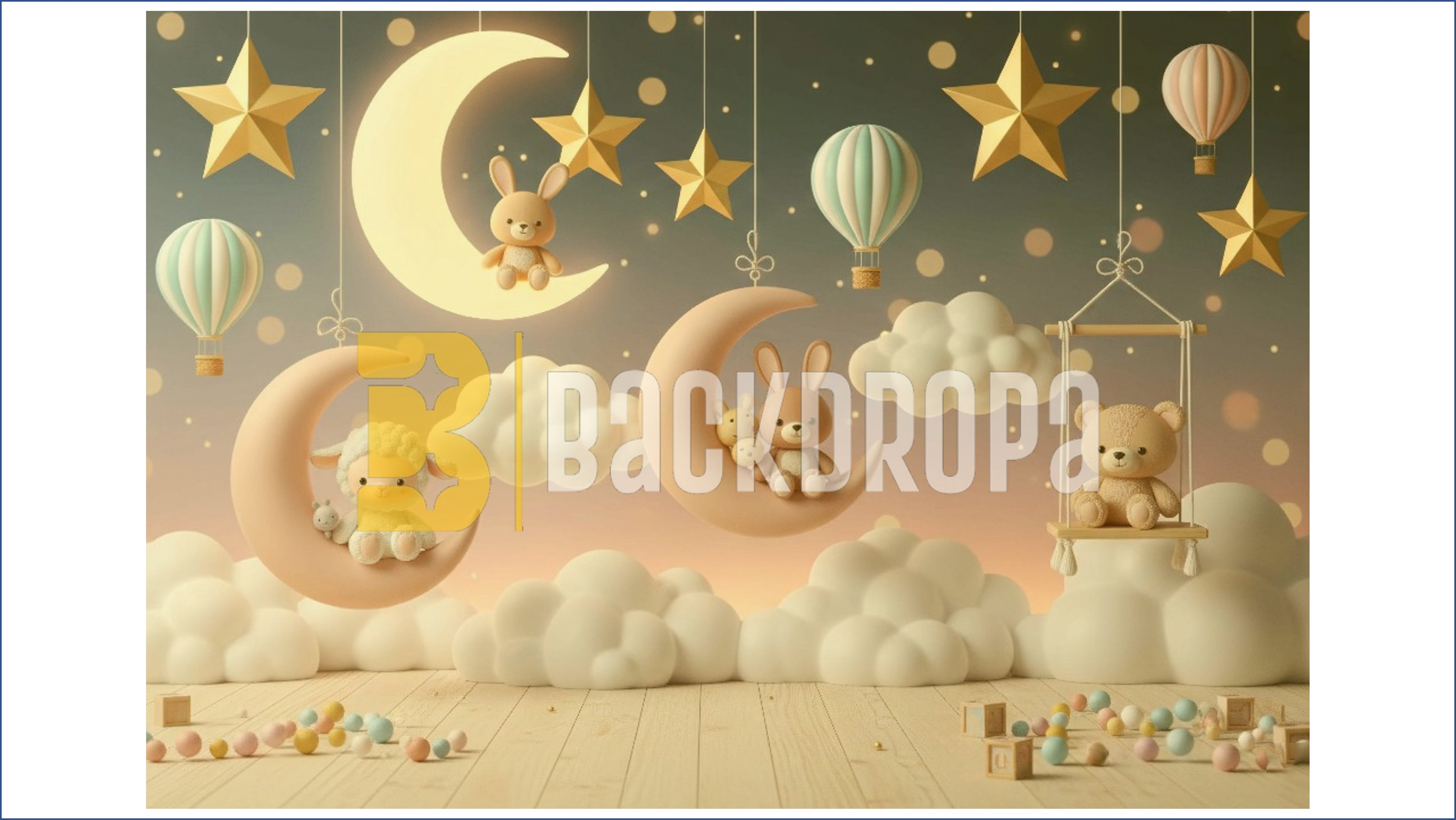 CUTE MOON STARS TEDDY BUNNY NIGHT SKY BABY THEME BACKDROP FOR BABY, KIDS & NEWBORN PHOTOGRAPHY