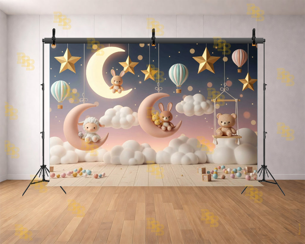 CUTE MOON STARS TEDDY BUNNY NIGHT SKY BABY THEME BACKDROP FOR BABY, KIDS & NEWBORN PHOTOGRAPHY