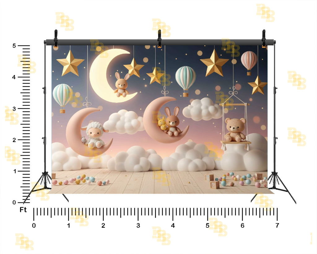 CUTE MOON STARS TEDDY BUNNY NIGHT SKY BABY THEME BACKDROP FOR BABY, KIDS & NEWBORN PHOTOGRAPHY