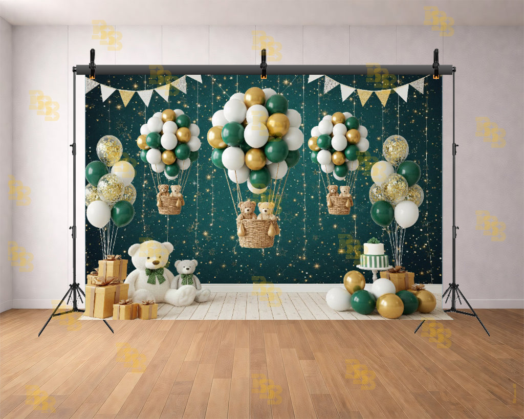 GREEN GOLD BALLOON HOT AIR TEDDY BEAR BABY BIRTHDAY THEME BACKDROP FOR BABY, KIDS & CAKE SMASH PHOTOGRAPHY