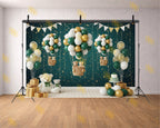 GREEN GOLD BALLOON HOT AIR TEDDY BEAR BABY BIRTHDAY THEME BACKDROP FOR BABY, KIDS & CAKE SMASH PHOTOGRAPHY