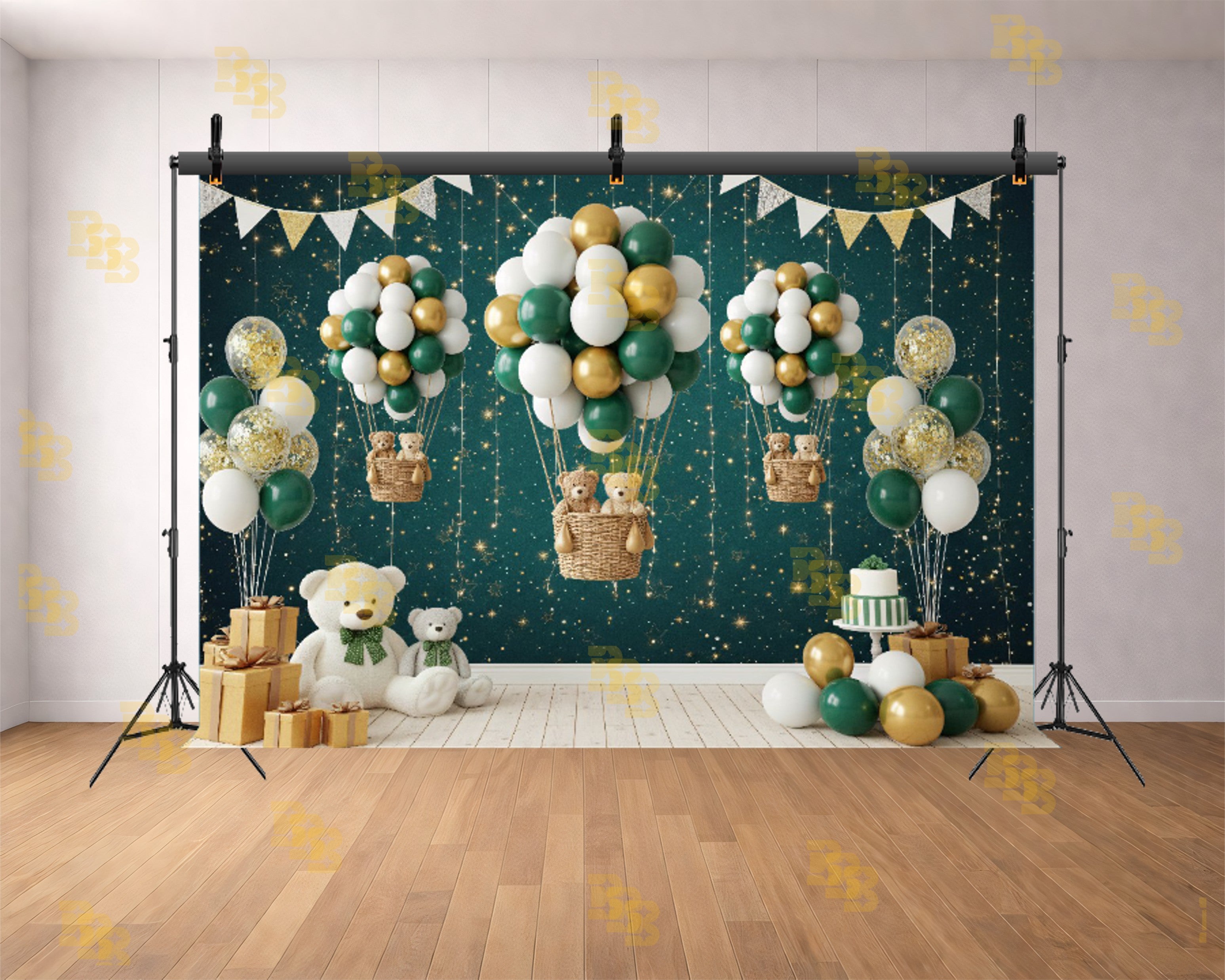 GREEN GOLD BALLOON HOT AIR TEDDY BEAR BABY BIRTHDAY THEME BACKDROP FOR BABY, KIDS & CAKE SMASH PHOTOGRAPHY