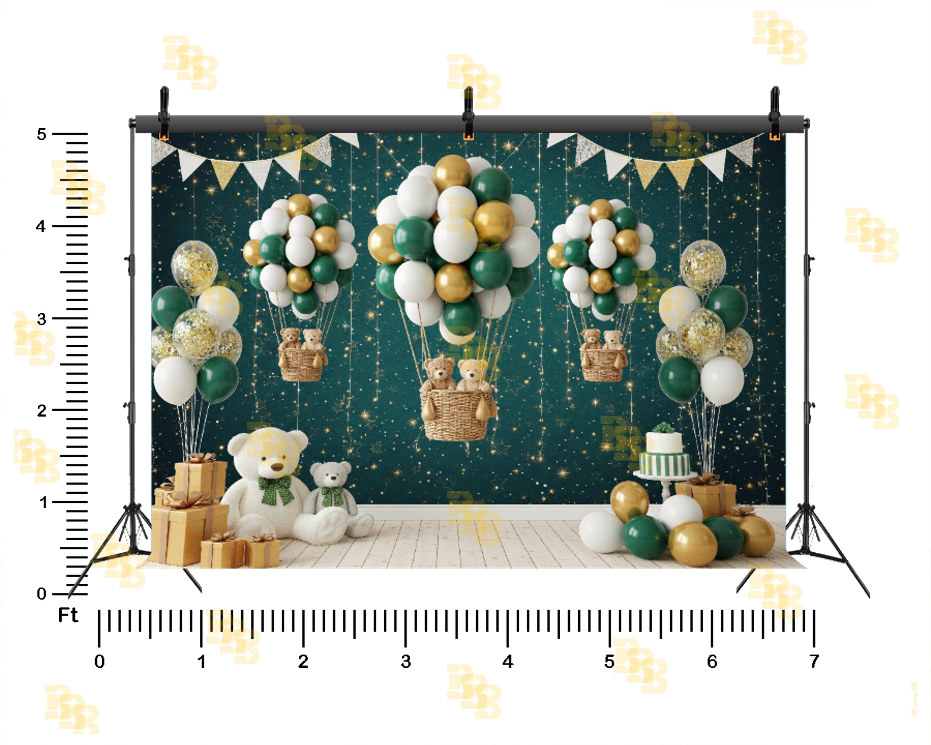 GREEN GOLD BALLOON HOT AIR TEDDY BEAR BABY BIRTHDAY THEME BACKDROP FOR BABY, KIDS & CAKE SMASH PHOTOGRAPHY