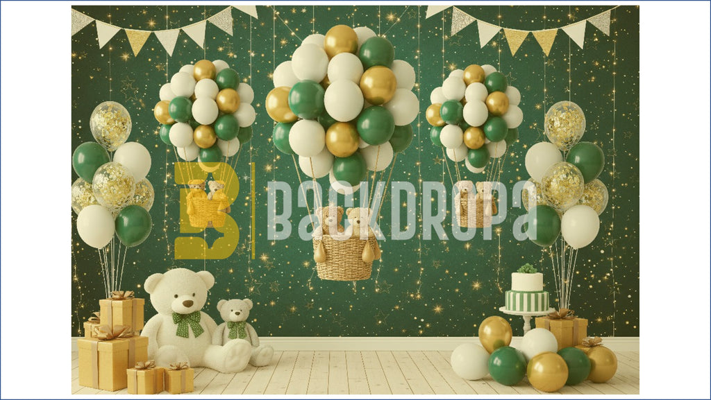GREEN GOLD BALLOON HOT AIR TEDDY BEAR BABY BIRTHDAY THEME BACKDROP FOR BABY, KIDS & CAKE SMASH PHOTOGRAPHY