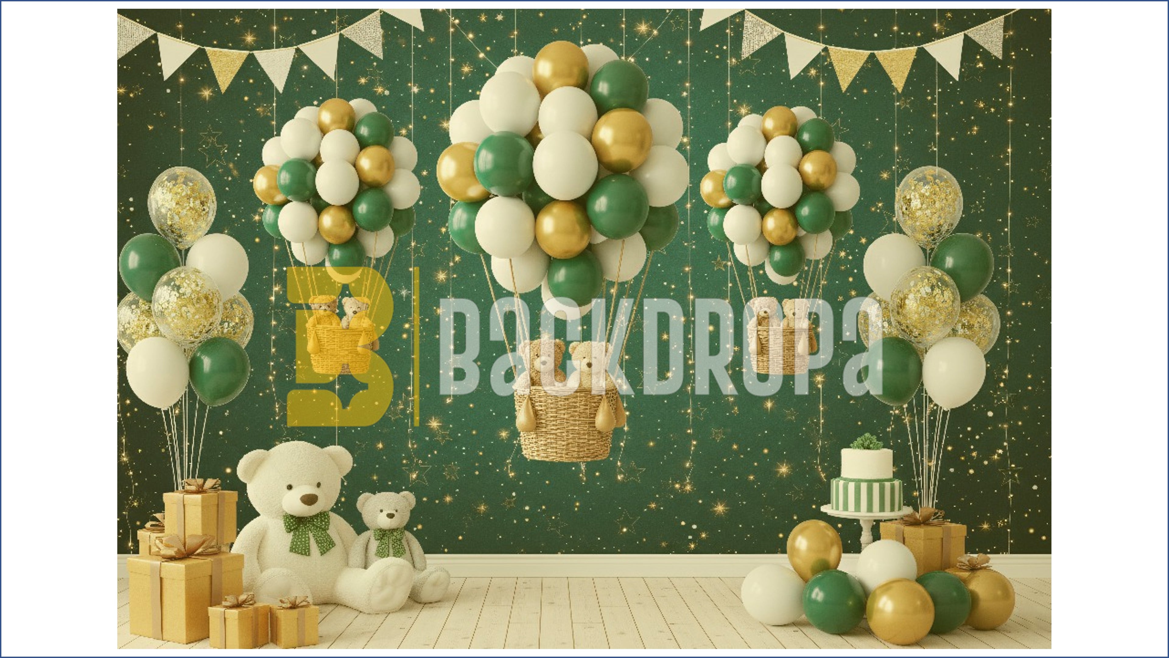 GREEN GOLD BALLOON HOT AIR TEDDY BEAR BABY BIRTHDAY THEME BACKDROP FOR BABY, KIDS & CAKE SMASH PHOTOGRAPHY