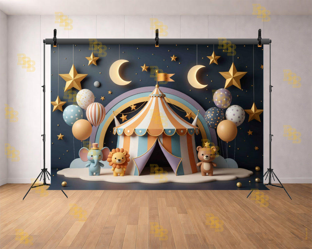 NIGHT CIRCUS CARNIVAL TENT CUTE ANIMAL MOON STAR THEME BACKDROP FOR BABY, KIDS & BIRTHDAY PHOTOGRAPHY