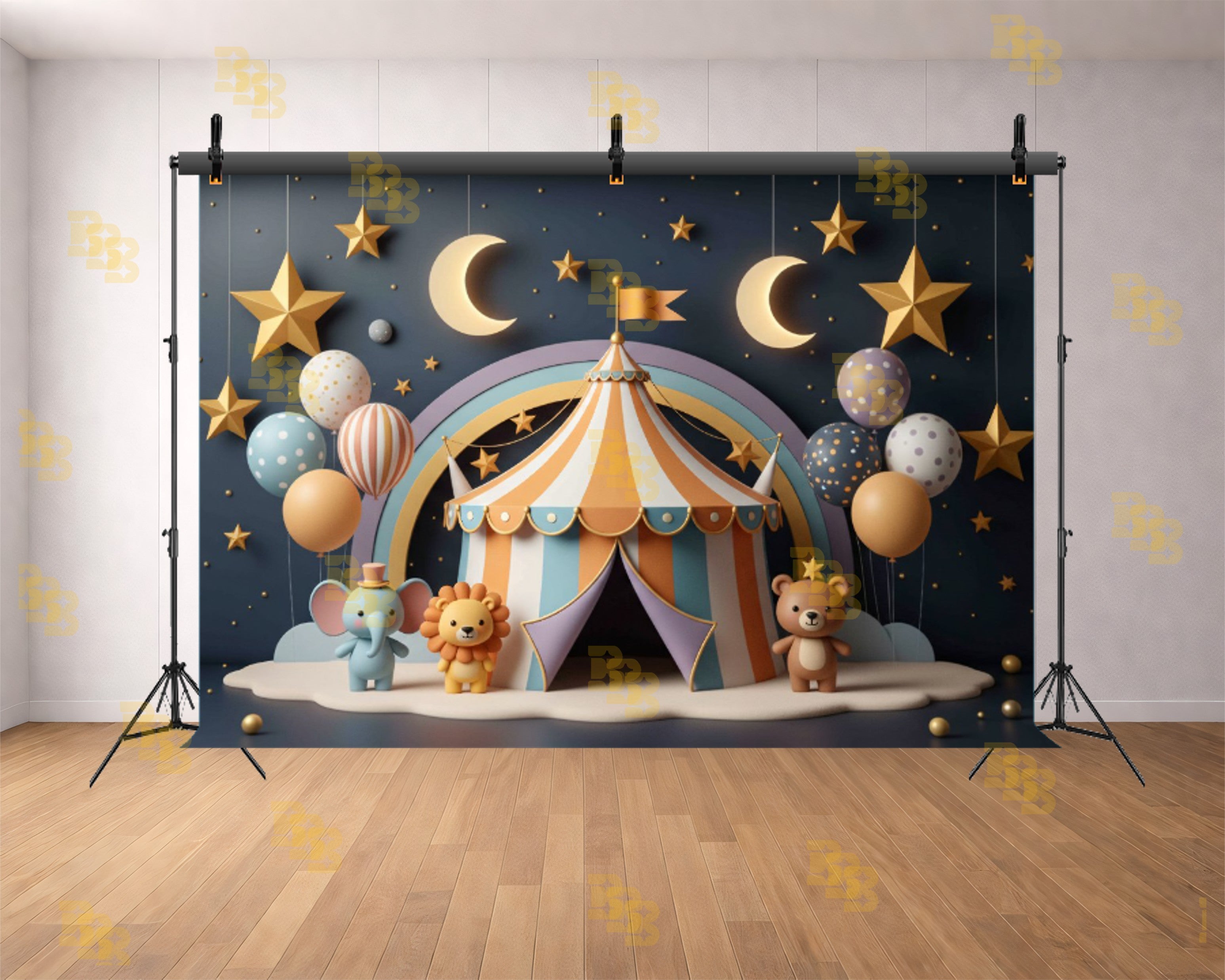 NIGHT CIRCUS CARNIVAL TENT CUTE ANIMAL MOON STAR THEME BACKDROP FOR BABY, KIDS & BIRTHDAY PHOTOGRAPHY