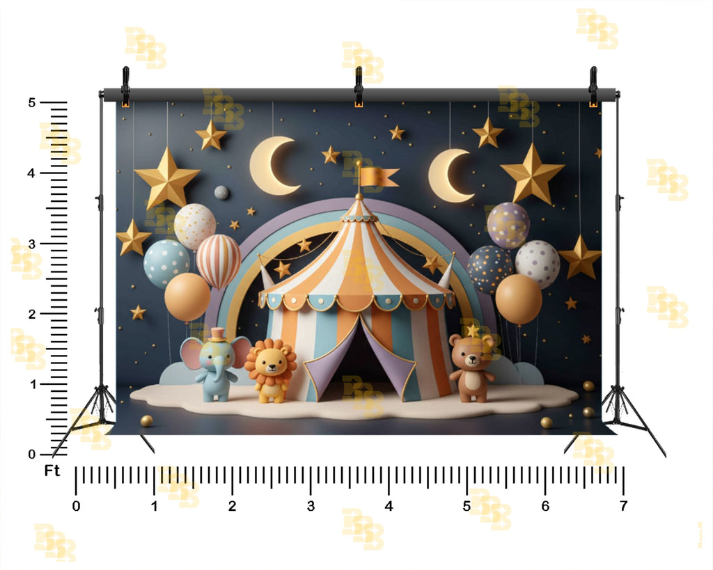 NIGHT CIRCUS CARNIVAL TENT CUTE ANIMAL MOON STAR THEME BACKDROP FOR BABY, KIDS & BIRTHDAY PHOTOGRAPHY