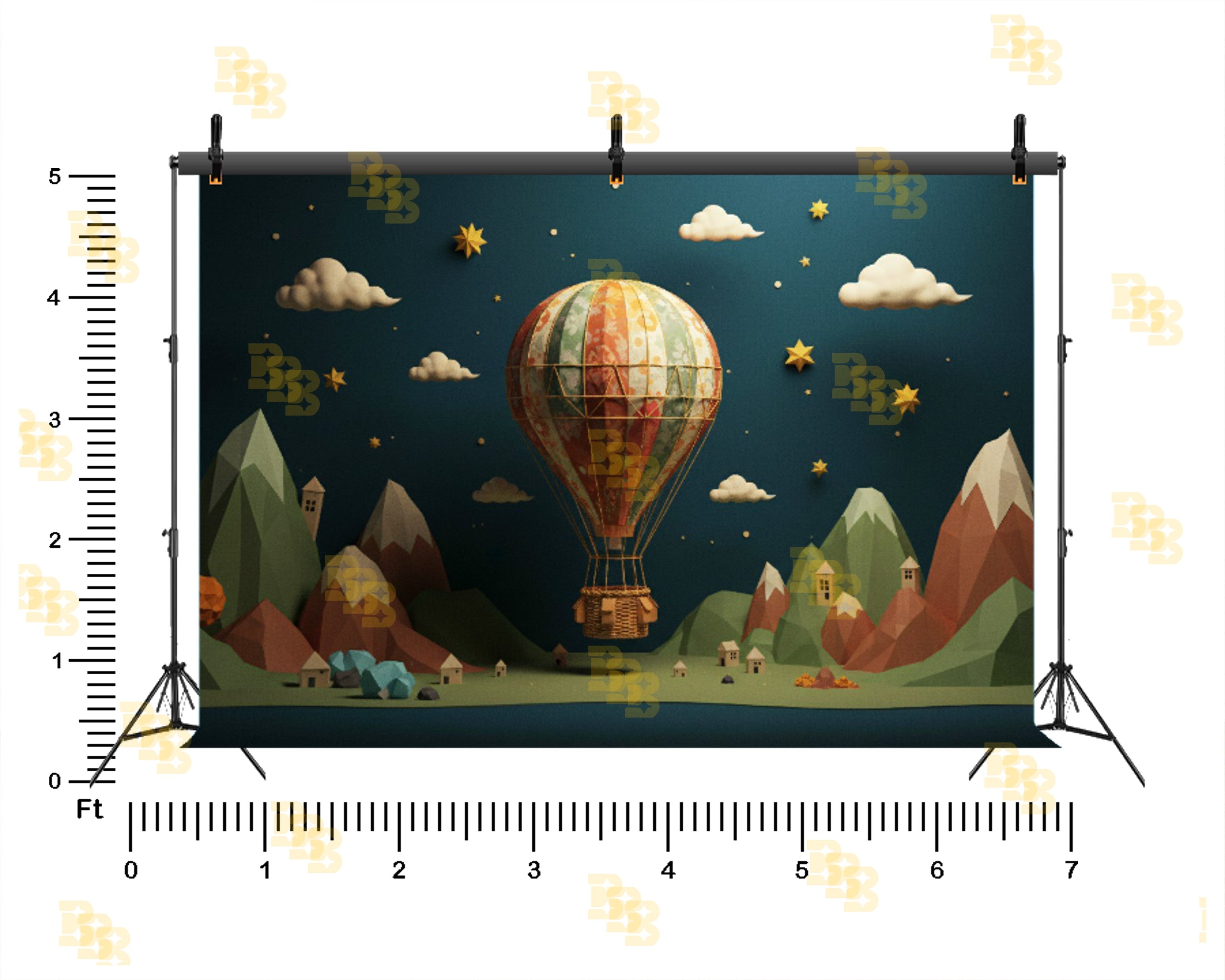 VINTAGE HOT AIR BALLOON MOUNTAIN LANDSCAPE NIGHT SKY THEME BACKDROP FOR KIDS, BABY & CREATIVE PHOTOGRAPHY