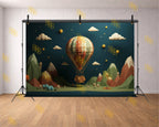 VINTAGE HOT AIR BALLOON MOUNTAIN LANDSCAPE NIGHT SKY THEME BACKDROP FOR KIDS, BABY & CREATIVE PHOTOGRAPHY