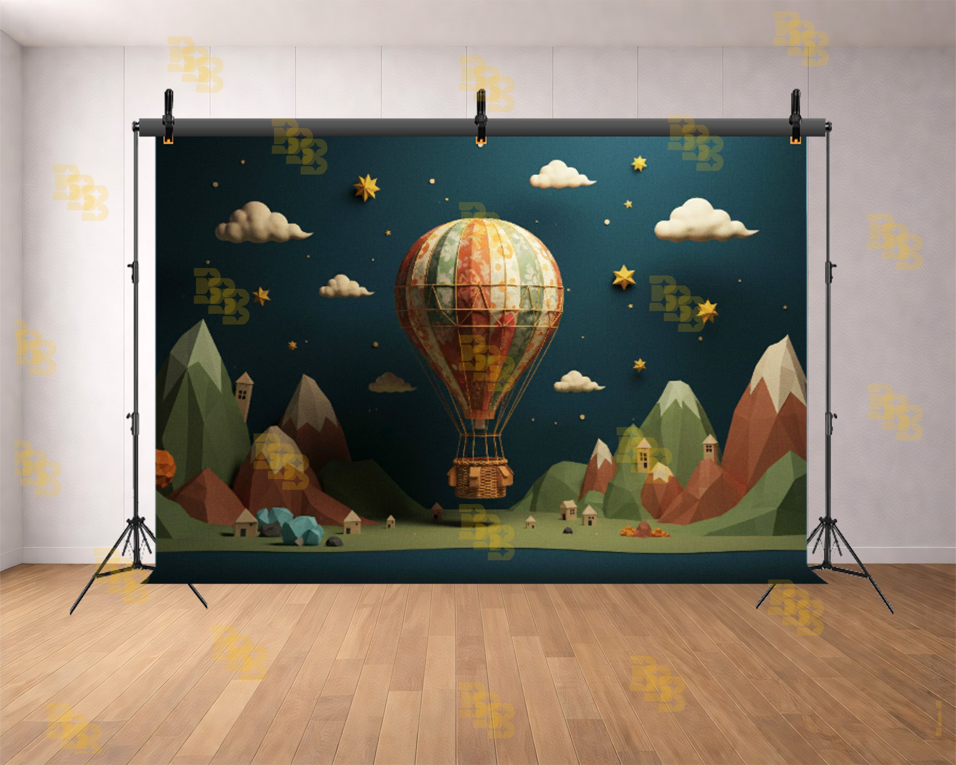 VINTAGE HOT AIR BALLOON MOUNTAIN LANDSCAPE NIGHT SKY THEME BACKDROP FOR KIDS, BABY & CREATIVE PHOTOGRAPHY