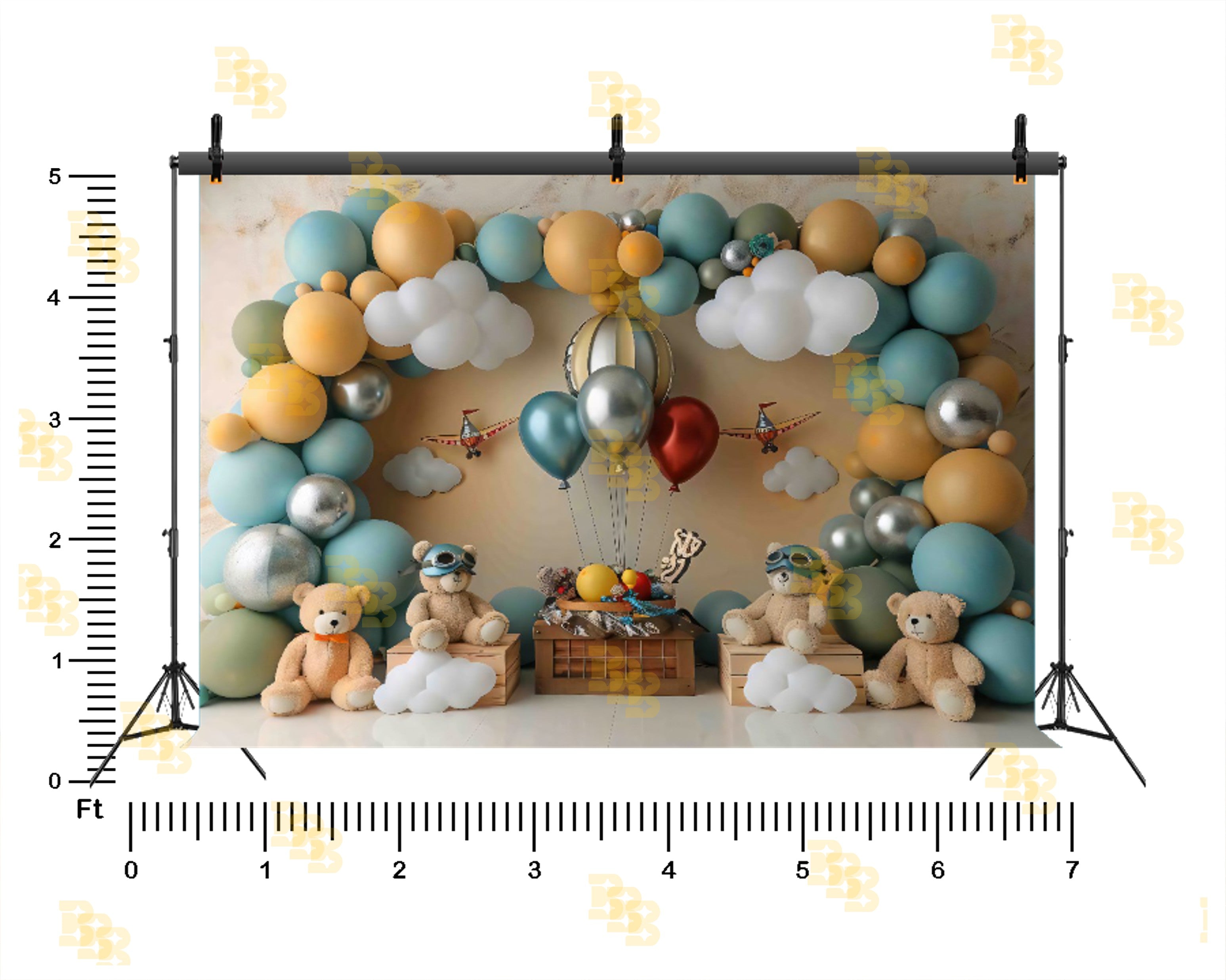 VINTAGE AIRPLANE TEDDY BEAR BALLOON ARCH ADVENTURE THEME BACKDROP FOR BABY, KIDS & BIRTHDAY PHOTOGRAPHY