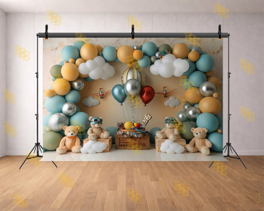 VINTAGE AIRPLANE TEDDY BEAR BALLOON ARCH ADVENTURE THEME BACKDROP FOR BABY, KIDS & BIRTHDAY PHOTOGRAPHY