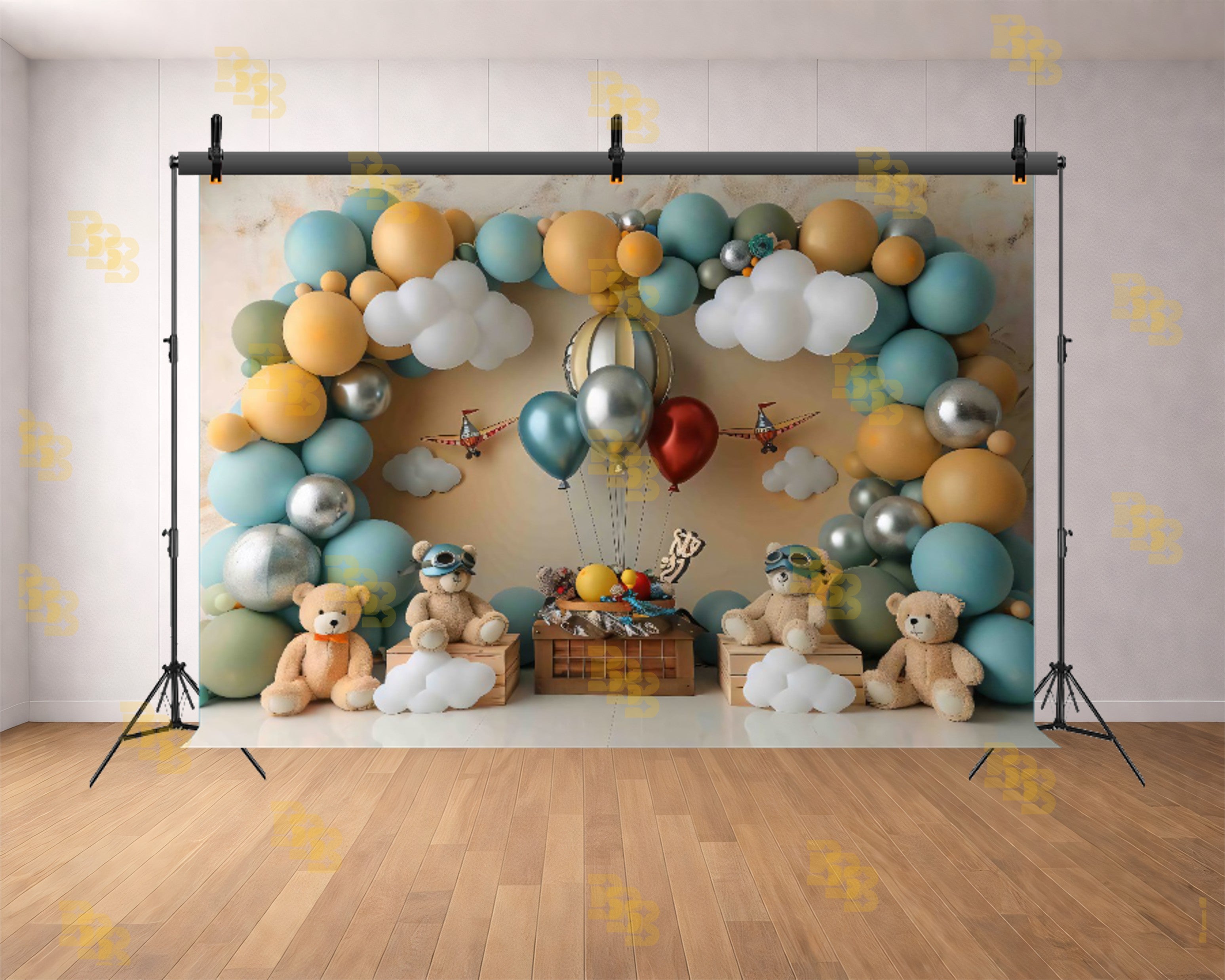 VINTAGE AIRPLANE TEDDY BEAR BALLOON ARCH ADVENTURE THEME BACKDROP FOR BABY, KIDS & BIRTHDAY PHOTOGRAPHY