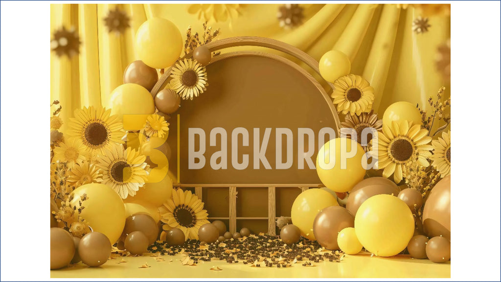 SUNFLOWER YELLOW BALLOON ARCH FLORAL RUSTIC THEME BACKDROP FOR BABY, KIDS & BIRTHDAY PHOTOGRAPHY