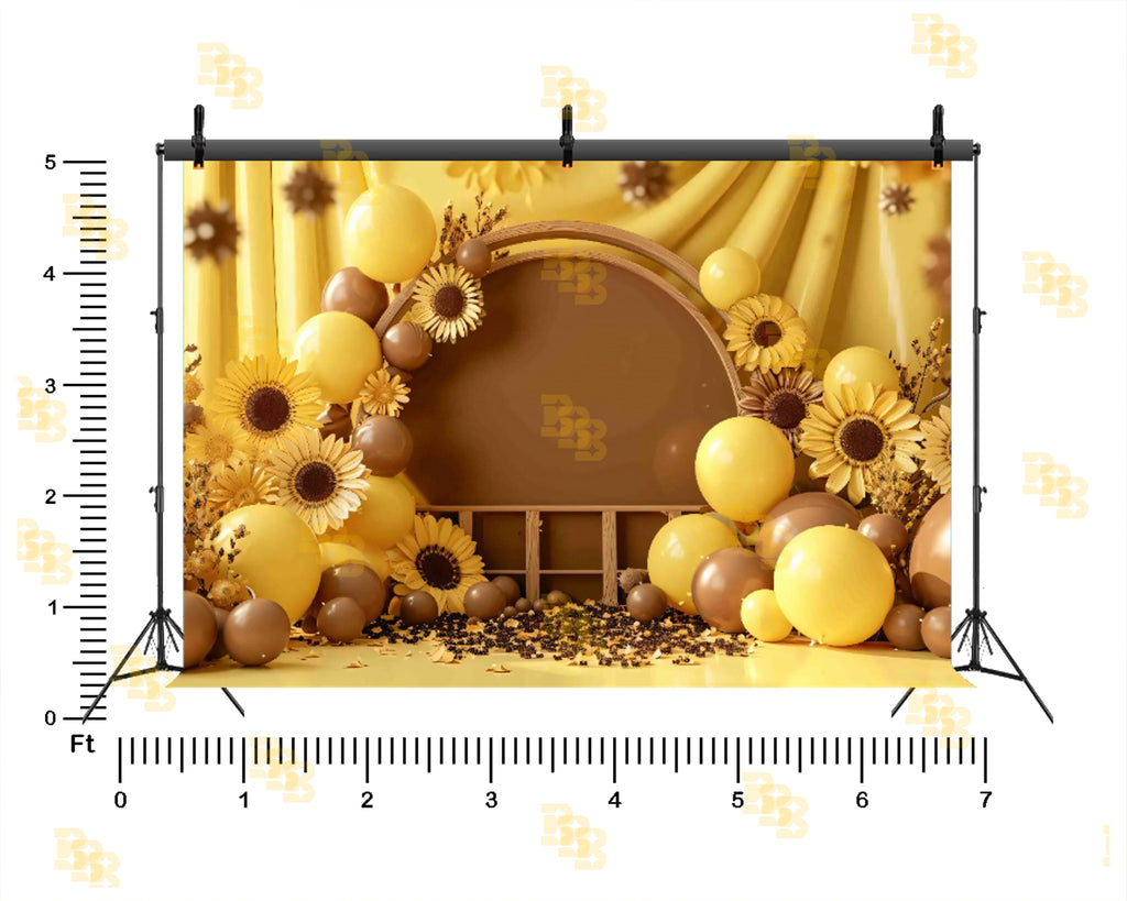 SUNFLOWER YELLOW BALLOON ARCH FLORAL RUSTIC THEME BACKDROP FOR BABY, KIDS & BIRTHDAY PHOTOGRAPHY