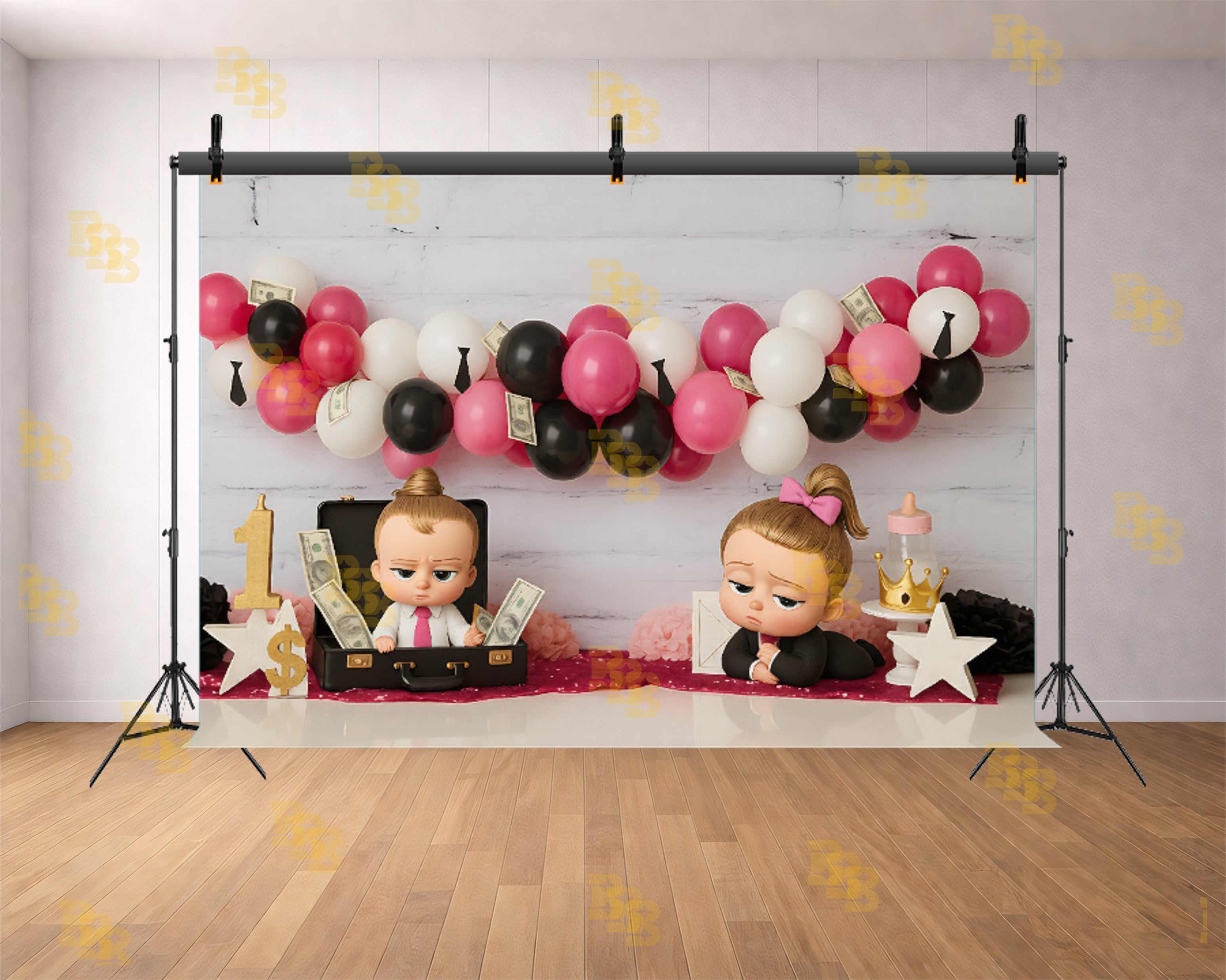 BOSS BABY GIRL PINK BLACK BALLOON MONEY THEME BIRTHDAY SETUP BACKDROP FOR BABY, KIDS & BIRTHDAY PHOTOGRAPHY