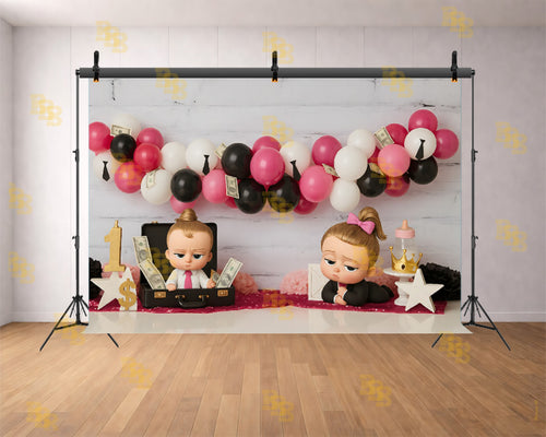 BOSS BABY GIRL PINK BLACK BALLOON MONEY THEME BIRTHDAY SETUP BACKDROP FOR BABY, KIDS & BIRTHDAY PHOTOGRAPHY