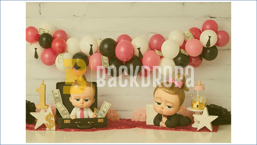 BOSS BABY GIRL PINK BLACK BALLOON MONEY THEME BIRTHDAY SETUP BACKDROP FOR BABY, KIDS & BIRTHDAY PHOTOGRAPHY