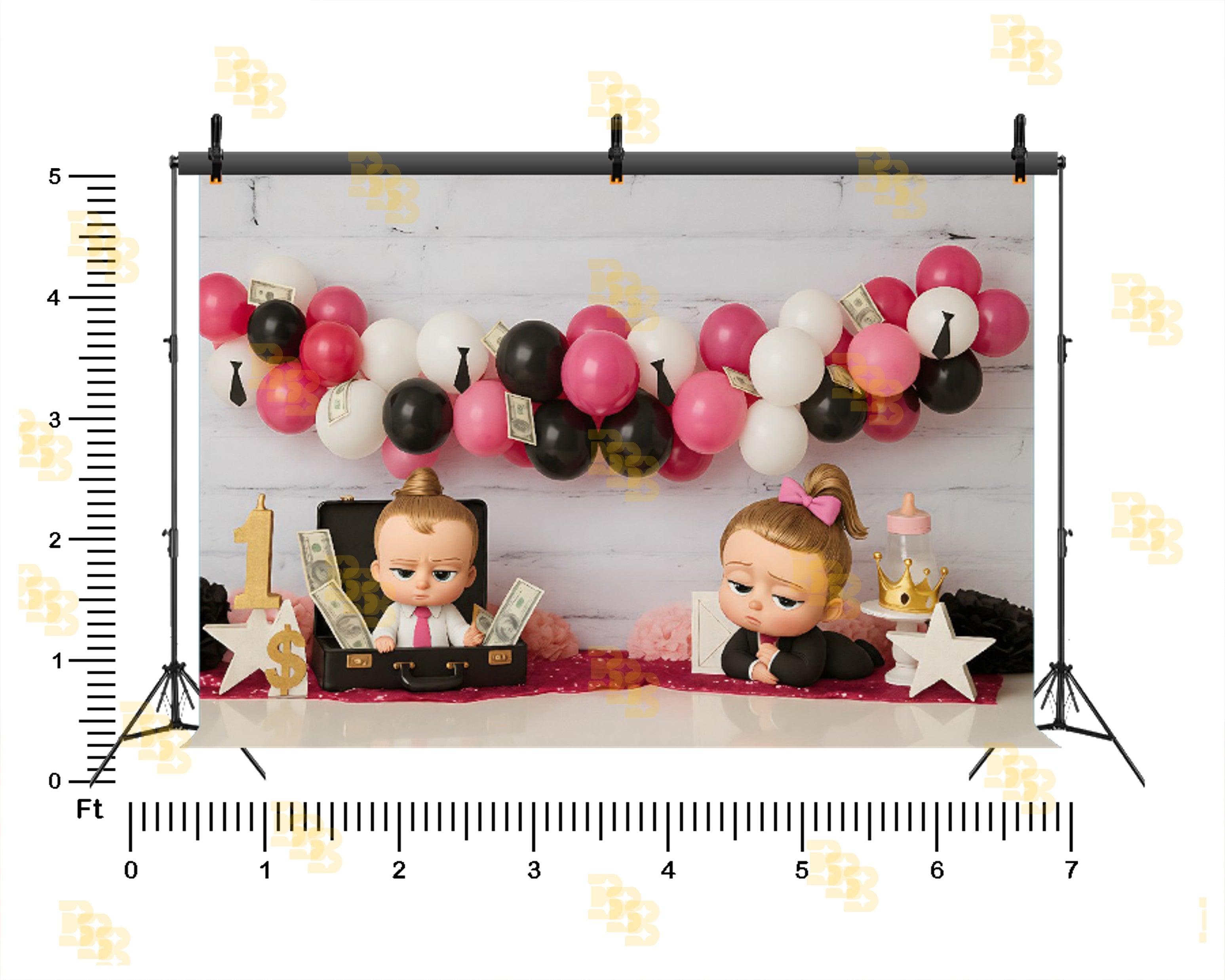 BOSS BABY GIRL PINK BLACK BALLOON MONEY THEME BIRTHDAY SETUP BACKDROP FOR BABY, KIDS & BIRTHDAY PHOTOGRAPHY