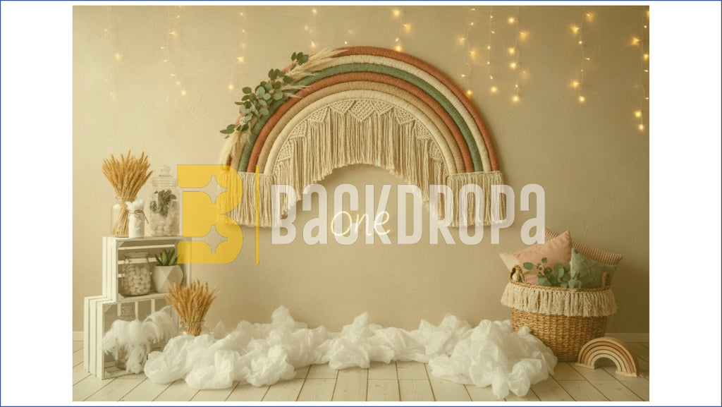 BOHO RAINBOW FIRST BIRTHDAY SETUP BACKDROP FOR BABY & CAKE SMASH PHOTOGRAPHY