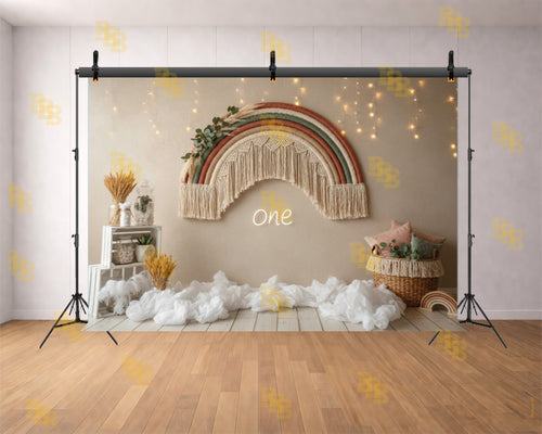 BOHO RAINBOW FIRST BIRTHDAY SETUP BACKDROP FOR BABY & CAKE SMASH PHOTOGRAPHY